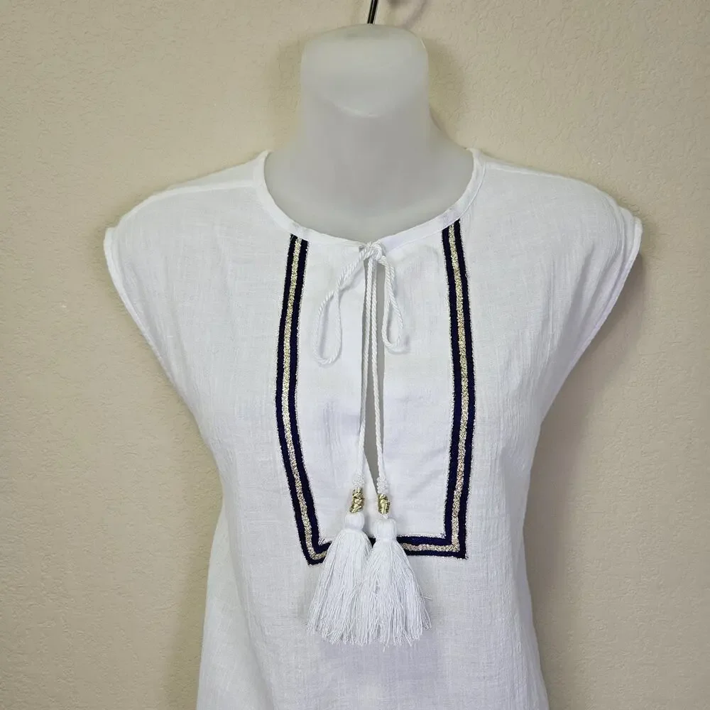 J.Crew Womens S Coverup White Sleeveless Tassel Beach Tunic C4368 Resort Cotton